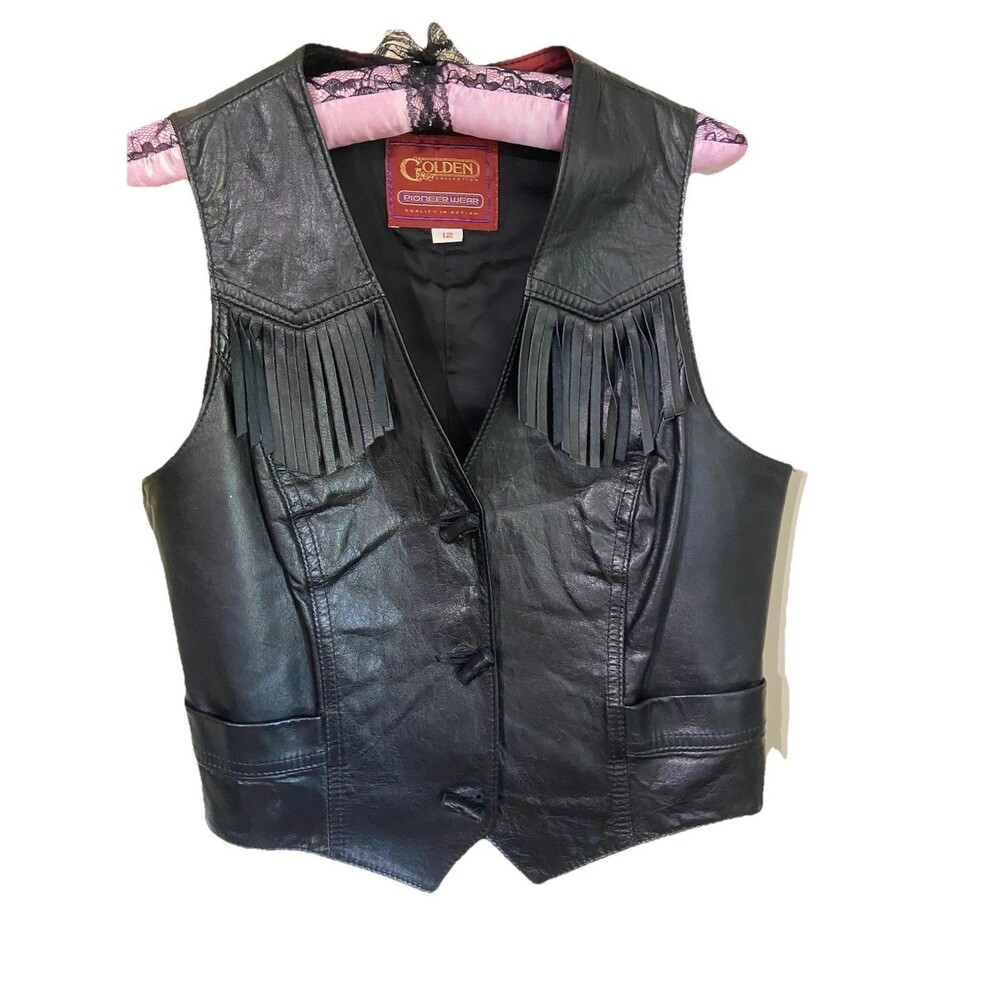 Pioneer Wear Black Leather Biker Motorcycle Vest w/ Fringe - Women's 12